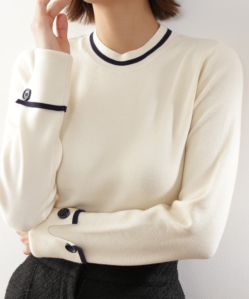 N.（N. Natural Beauty Basic）（エヌエヌナチュラルビューティーベーシック）の「◆カフスボタン総針ニット（ニット/セーター・レディース・オレンジ/ブラック/オフホワイト・MEDIUM）」の4枚目の写真