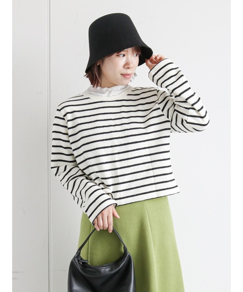 ehka sopo（エヘカソポ）の「ショート丈ボーダー前後着カーディガン（カーディガン/ボレロ・レディース・ブラック/オレンジ/グリーン・ﾌﾘ-）」の2枚目の写真