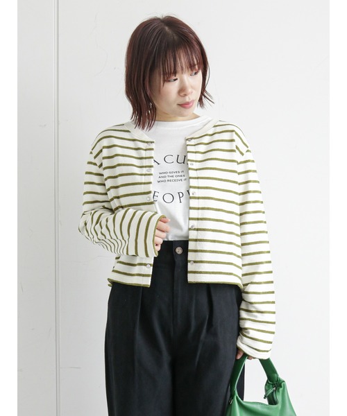 ehka sopo（エヘカソポ）の「ショート丈ボーダー前後着カーディガン（カーディガン/ボレロ・レディース・ブラック/オレンジ/グリーン・ﾌﾘ-）」の12枚目の写真