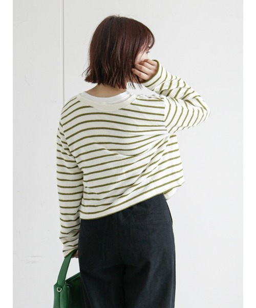 ehka sopo（エヘカソポ）の「ショート丈ボーダー前後着カーディガン（カーディガン/ボレロ・レディース・ブラック/オレンジ/グリーン・ﾌﾘ-）」の15枚目の写真