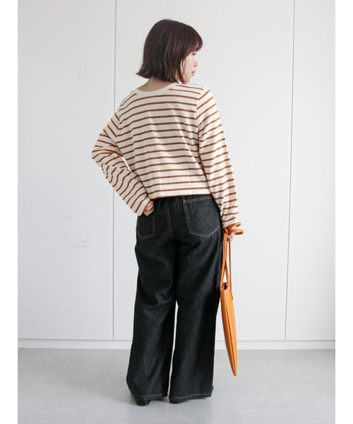 ehka sopo（エヘカソポ）の「ショート丈ボーダー前後着カーディガン（カーディガン/ボレロ・レディース・ブラック/オレンジ/グリーン・ﾌﾘ-）」の10枚目の写真