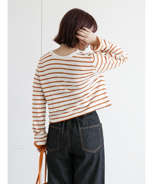 ehka sopo（エヘカソポ）の「ショート丈ボーダー前後着カーディガン（カーディガン/ボレロ・レディース・ブラック/オレンジ/グリーン・ﾌﾘ-）」の8枚目の写真