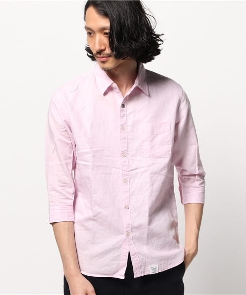 AZUL by moussy（アズールバイマウジー）の「コンチョ釦使い綿麻7分袖シャツ（シャツ/ブラウス・メンズ・ホワイト/ライトピンク/インディゴブルー/イエロー・X-LARGE/LARGE/SMALL/X-SMALL/MEDIUM）」の4枚目の写真