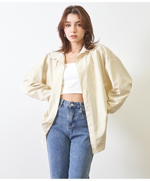 ANAP(アナップ)の「ストライプビッグシャツ(シャツ/ブラウス・レディース・ネイビー/ベージュ/グリーン・FREE)」の1枚目の写真