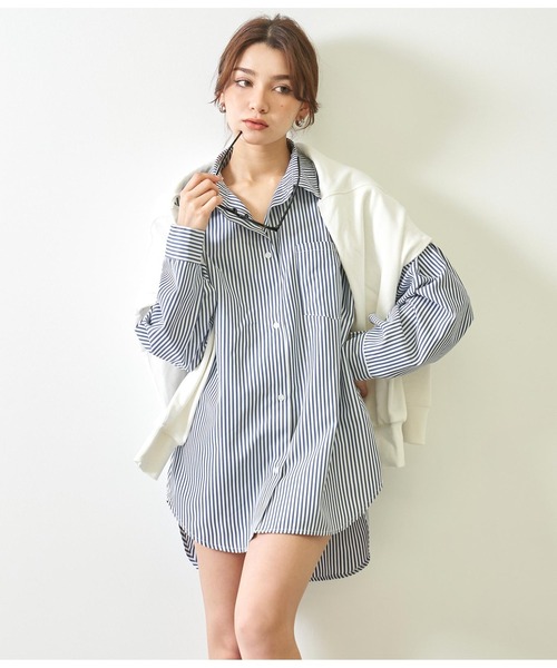 ANAP(アナップ)の「ストライプビッグシャツ(シャツ/ブラウス・レディース・ネイビー/ベージュ/グリーン・FREE)」の3枚目の写真