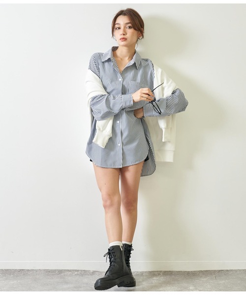 ANAP(アナップ)の「ストライプビッグシャツ(シャツ/ブラウス・レディース・ネイビー/ベージュ/グリーン・FREE)」の14枚目の写真