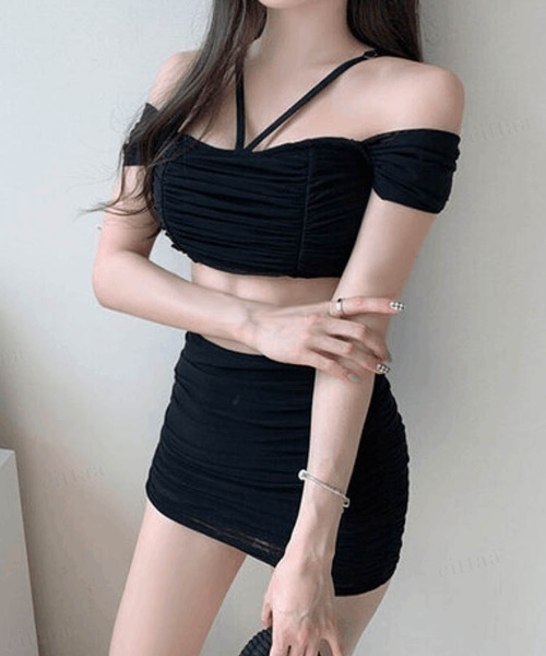 Dalfwin（ダールフィン）の「【２点セット】ギャザーデザインシアービキニ水着（水着・レディース・ブラック・MEDIUM/LARGE）」の6枚目の写真