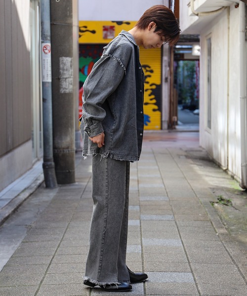 デニム風センタースリットフレアパンツ