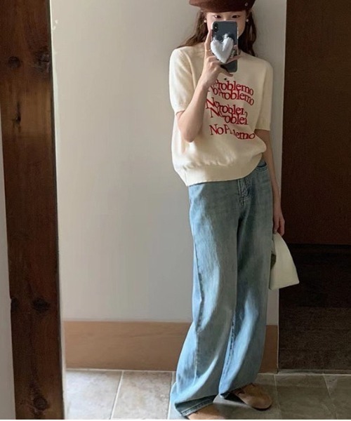 Chick(チック)の「ミッドスリーブ ラウンドネック レターニット(Tシャツ/カットソー・レディース・ホワイト/ブラック/グレー/アイボリー・FREE)」の5枚目の写真