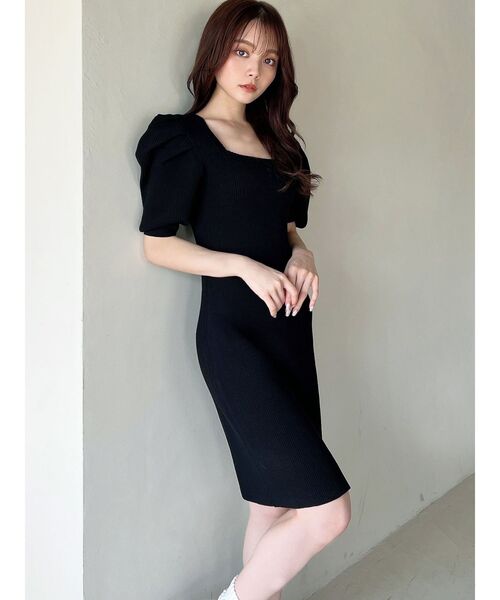 Karen Millen：リブニット スリーブ ミニワンピース グレー セール】スクエアリブニットミニワンピース（ワンピース