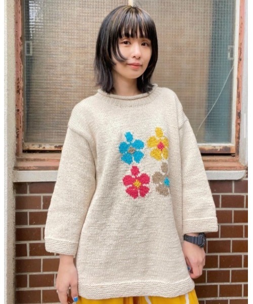 fridge（フリッジ）の「【Macmahon kniting mills】マクマホンマクマホンニッティングミルズ Roll Neck-Flower（Tシャツ/カットソー・メンズ・ネイビー/レッド/アイボリー・ONESIZE）」の2枚目の写真