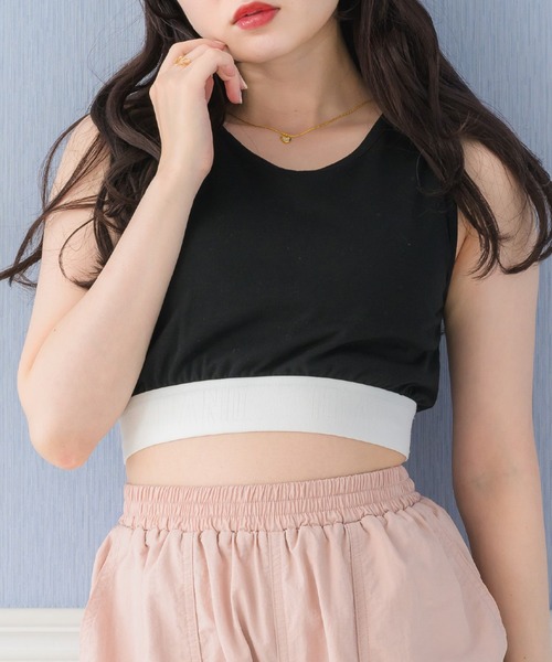 ems excite(エムズエキサイト)の「裾ロゴタンク(Tシャツ/カットソー・レディース・ブラック/ブラック系その他3/オフホワイト・FREE)」の1枚目の写真