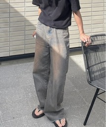 韓国ファッション RENOL レノル cutting denim wide pants カッティング デニムパンツ デニムワイドパンツ ブリーチデニムパンツ ビンテージ風 ジーンズ 長ズボン