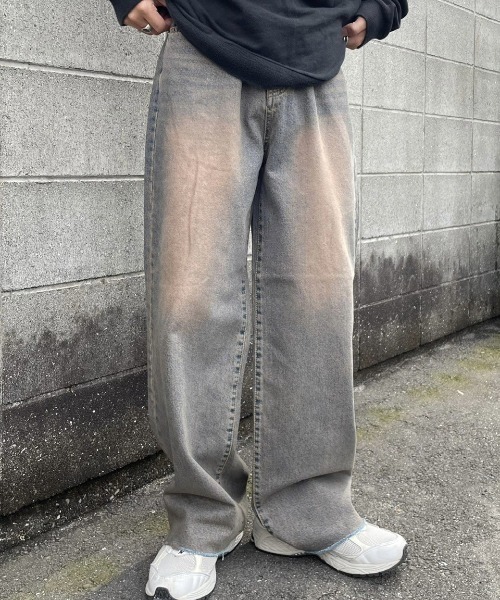 RENOL(レノル)の「韓国ファッション RENOL レノル cutting denim wide pants カッティング デニムパンツ デニムワイドパンツ ブリーチデニムパンツ ビンテージ風 ジーンズ 長ズボン(デニムパンツ・メンズ・ブルー系その他・L)」の5枚目の写真