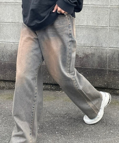 RENOL(レノル)の「韓国ファッション RENOL レノル cutting denim wide pants カッティング デニムパンツ デニムワイドパンツ ブリーチデニムパンツ ビンテージ風 ジーンズ 長ズボン(デニムパンツ・メンズ・ブルー系その他・L)」の4枚目の写真
