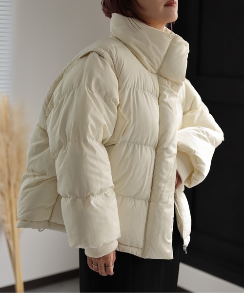 ap retro（アプレトロ）の「BIGスタンドパディングブルゾン/2wayダウンベスト（ダウンジャケット/コート・レディース・ブラック/オフホワイト/カーキ/アイボリー・FREE）」の5枚目の写真