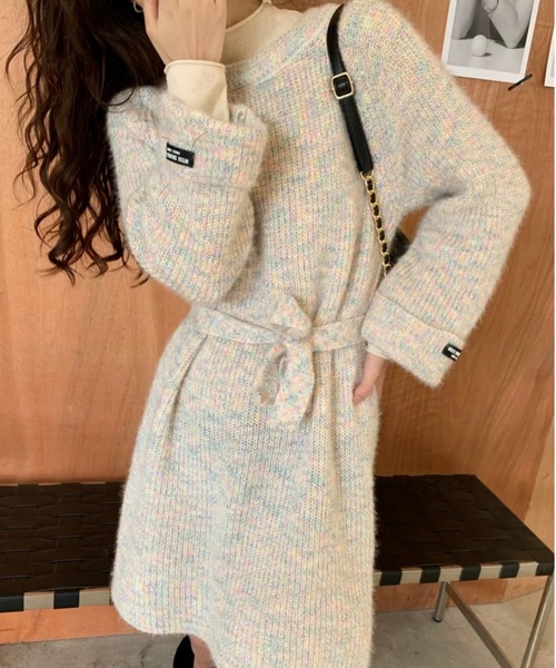 a lot of love(ア ロット オブ ラブ)の「ミックスカラーリブニット ミニ丈ワンピ(ワンピース・レディース・ベージュ/ピンク/グレー/ブルー・FREE)」の3枚目の写真