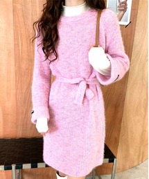 ミックスカラーリブニット ミニ丈ワンピ