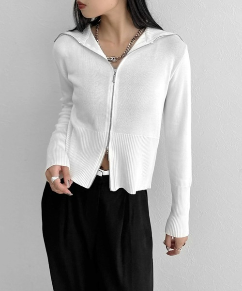 新品⭐︎styling チューリップ袖リブニット 白 セール】【LVEU.】ダブルジップリブニットトップス / トップス