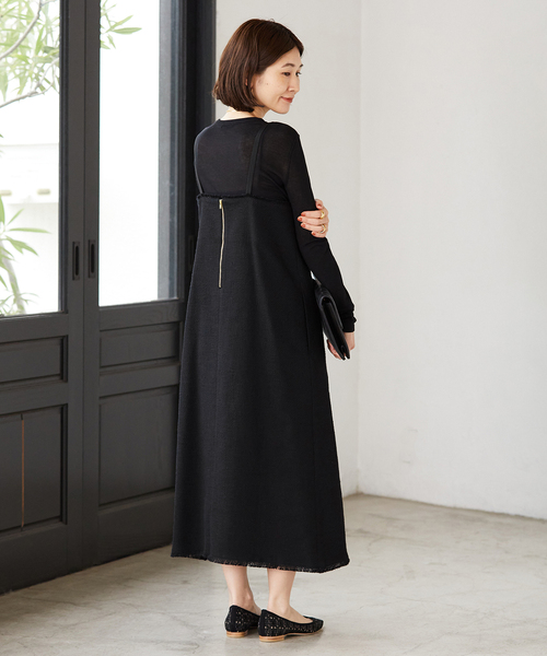 VERMEIL par iena（ヴェルメイユパーイエナ）の「ツイードフリンジキャミワンピース（ワンピース・レディース・ブラック/アイボリー・FREE）」の6枚目の写真