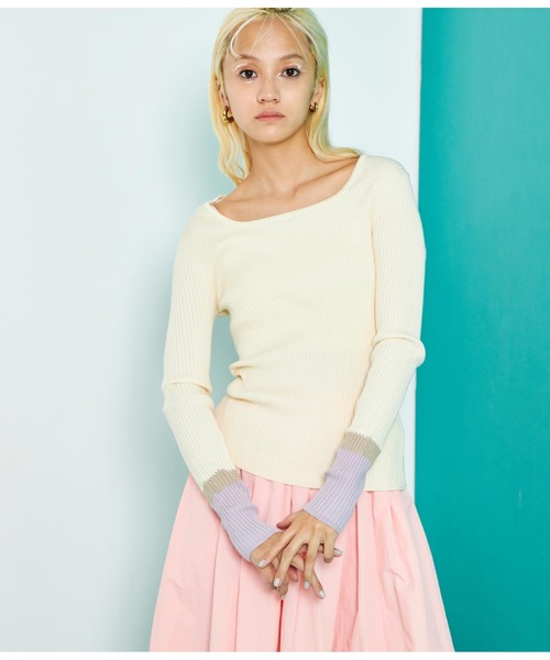 Settimissimo（セッティミッシモ）の「スクエアネック 配色スリーブワイドリブ ニット（ニット/セーター・レディース・ミント/オフホワイト/ベージュ・FREE）」の6枚目の写真