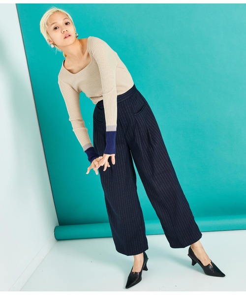 Settimissimo（セッティミッシモ）の「スクエアネック 配色スリーブワイドリブ ニット（ニット/セーター・レディース・ミント/オフホワイト/ベージュ・FREE）」の14枚目の写真