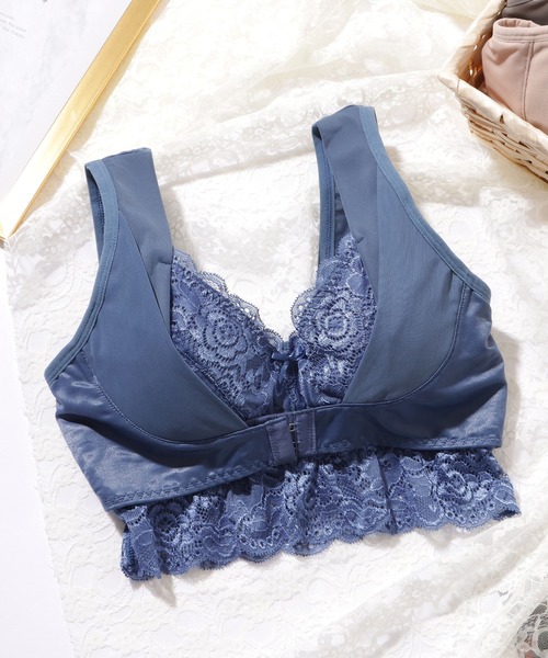 セール】フロントホック リボン レース ノンワイヤー ブラジャー