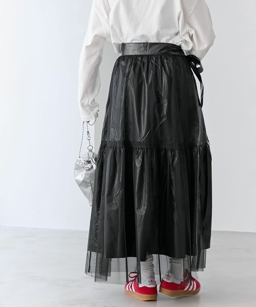 forksy.】チュール/メタリックレイヤード ウエストリボンフレア