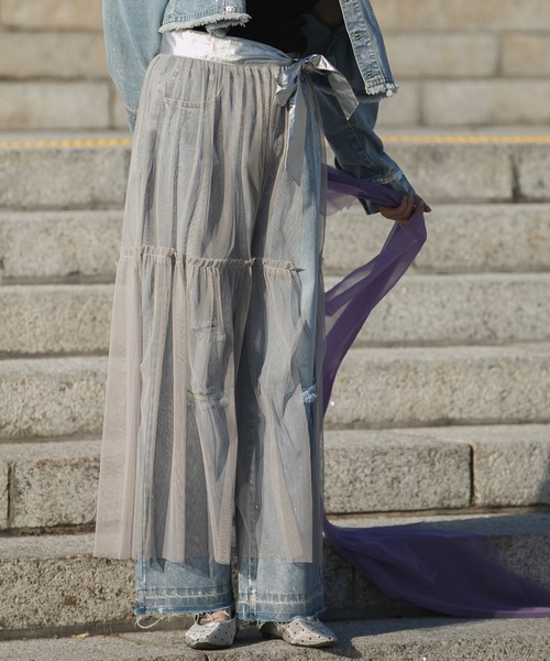 forksy.】チュール/メタリックレイヤード ウエストリボンフレア