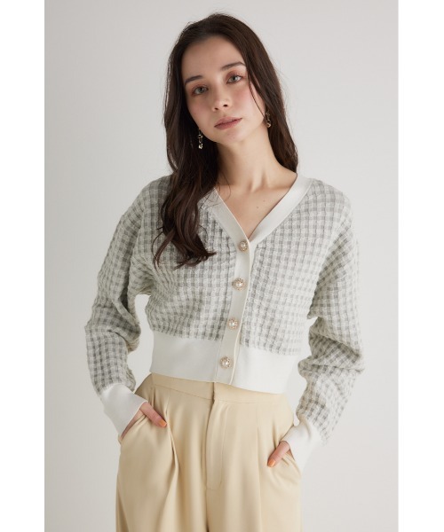 rienda（リエンダ）の「バンピーチェックニットカーデトップス 春服（カーディガン/ボレロ・レディース・ブラック/ブルー/グレー・FREE）」の3枚目の写真