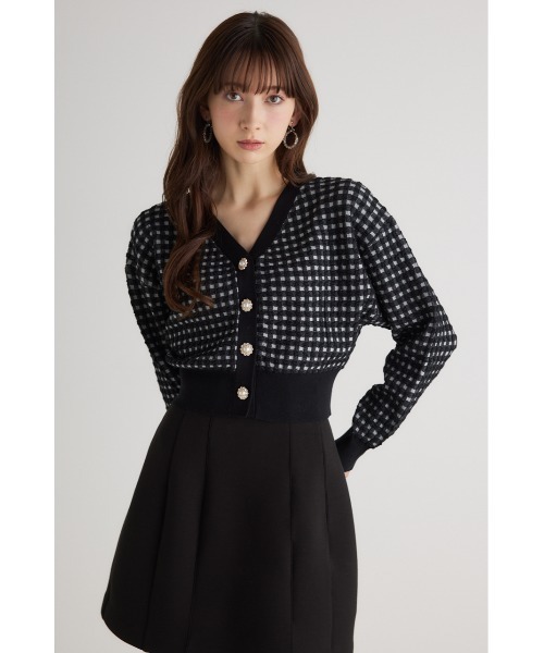 rienda（リエンダ）の「バンピーチェックニットカーデトップス 春服（カーディガン/ボレロ・レディース・ブラック/ブルー/グレー・FREE）」の2枚目の写真