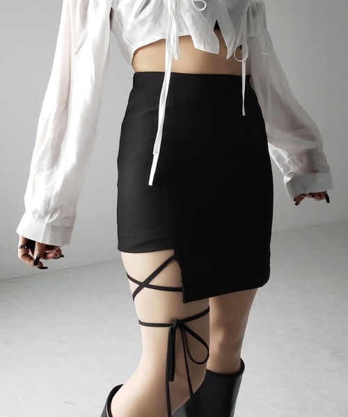 セール】【 2color 】クロスストラップサイドリボンミニスカート