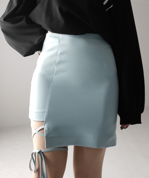 ミニスカート Chevron miniskirt MG2252_15PM_F0241_S_OOO 2color 】クロスストラップサイドリボンミニスカート / cross