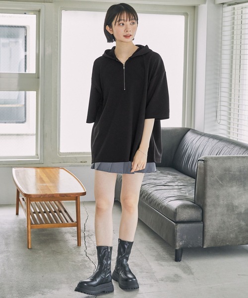 クーポン】袖ZIP 半袖ルーズTパーカー 半袖 メンズ Tシャツ