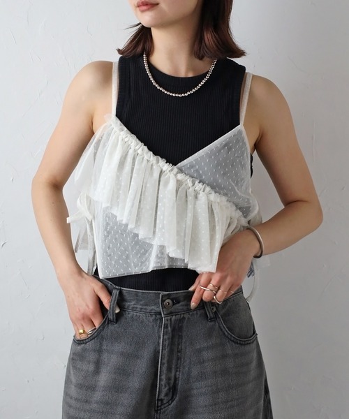 r.（アールドット）の「チュール　アシメフリルビスチェ（キャミソール・レディース・ホワイト系その他/アイボリー/ブラック/グレー系その他/ブラック系その他/グレー/ブルー/レッド/ピンク/ブラウン/ブルー系/ブラック系・FREE）」の3枚目の写真