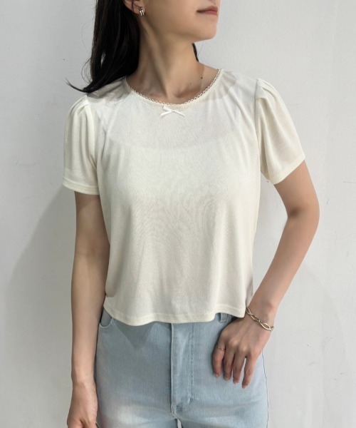 one after another NICE CLAUP(ワンアフターアナザーナイスクラップ)の「ハートパターンメッシュTシャツ(Tシャツ/カットソー・レディース・オフホワイト/グレー/ブラック/ピンク・FREE)」の1枚目の写真