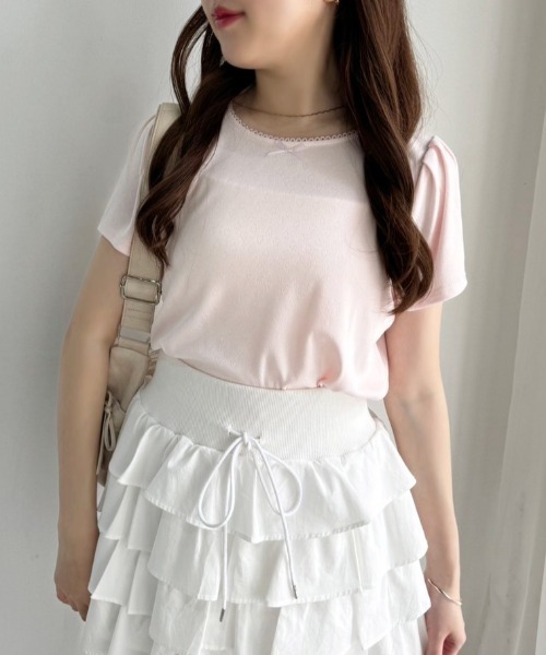 one after another NICE CLAUP(ワンアフターアナザーナイスクラップ)の「ハートパターンメッシュTシャツ(Tシャツ/カットソー・レディース・オフホワイト/グレー/ブラック/ピンク・FREE)」の4枚目の写真