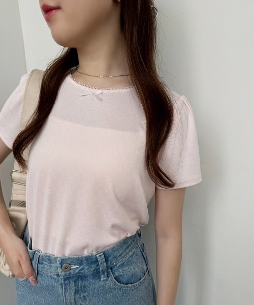 one after another NICE CLAUP(ワンアフターアナザーナイスクラップ)の「ハートパターンメッシュTシャツ(Tシャツ/カットソー・レディース・オフホワイト/グレー/ブラック/ピンク・FREE)」の9枚目の写真