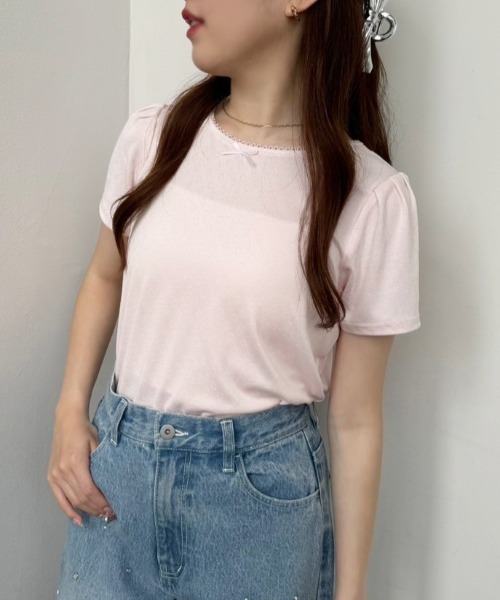one after another NICE CLAUP(ワンアフターアナザーナイスクラップ)の「ハートパターンメッシュTシャツ(Tシャツ/カットソー・レディース・オフホワイト/グレー/ブラック/ピンク・FREE)」の10枚目の写真