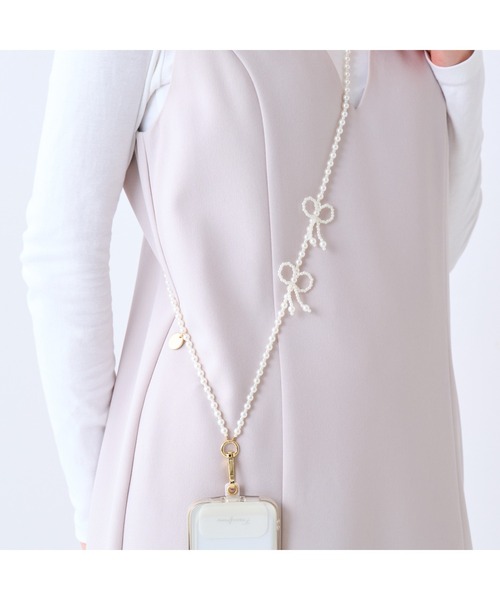 スマホショルダーストラップ パールリボン ホワイト (ストラップシート