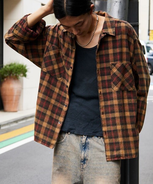 FREAK'S STORE（フリークスストア）の「ブリーチ加工 オープンカラー チェック シャツ ロングスリーブ/リラックスフィット/オンブレチェック/タータンチェック（シャツ/ブラウス・メンズ・ホワイト系/グリーン系/サックスブルー系/レッド系・MEDIUM/LARGE）」の4枚目の写真