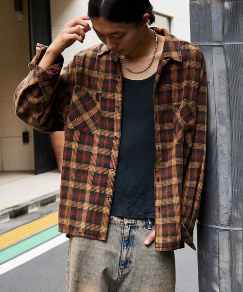 FREAK'S STORE（フリークスストア）の「ブリーチ加工 オープンカラー チェック シャツ ロングスリーブ/リラックスフィット/オンブレチェック/タータンチェック（シャツ/ブラウス・メンズ・ホワイト系/グリーン系/サックスブルー系/レッド系・MEDIUM/LARGE）」の21枚目の写真