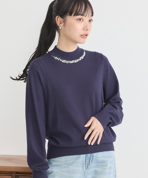 セール】パール&ビジューハイネックプルオーバー（Tシャツ