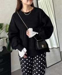 パール付きプリーツフリルスリーブ裏起毛スウェット