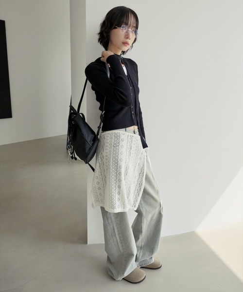 UNE MANSION(ユヌマンション)の「サイドスリットストリングリボン起毛ニットレースラップスカート(スカート・レディース・ブラック/アイボリー・FREE)」の12枚目の写真