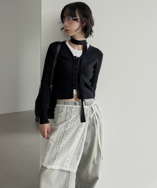UNE MANSION(ユヌマンション)の「サイドスリットストリングリボン起毛ニットレースラップスカート(スカート・レディース・ブラック/アイボリー・FREE)」の14枚目の写真