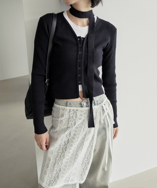 UNE MANSION(ユヌマンション)の「サイドスリットストリングリボン起毛ニットレースラップスカート(スカート・レディース・ブラック/アイボリー・FREE)」の15枚目の写真