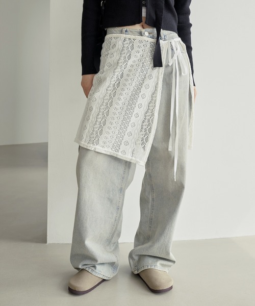 UNE MANSION(ユヌマンション)の「サイドスリットストリングリボン起毛ニットレースラップスカート(スカート・レディース・ブラック/アイボリー・FREE)」の16枚目の写真