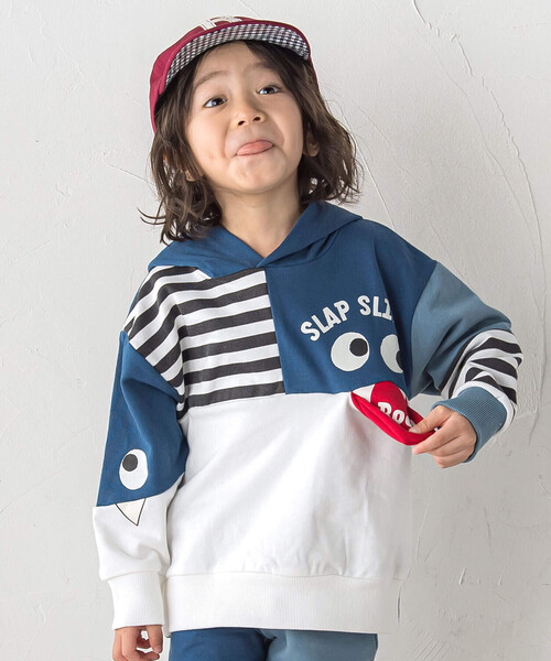 SLAP SLIP（スラップスリップ）の「【お揃い】おめめギョロギョロモンスターバイカラーフーディ(80~130cm)（パーカー・キッズ・イエロー/ネイビー・110cm/130cm/100cm/80ｃｍ/90cm/120cm）」の2枚目の写真