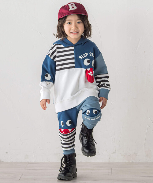 SLAP SLIP（スラップスリップ）の「【お揃い】おめめギョロギョロモンスターバイカラーフーディ(80~130cm)（パーカー・キッズ・イエロー/ネイビー・110cm/130cm/100cm/80ｃｍ/90cm/120cm）」の4枚目の写真